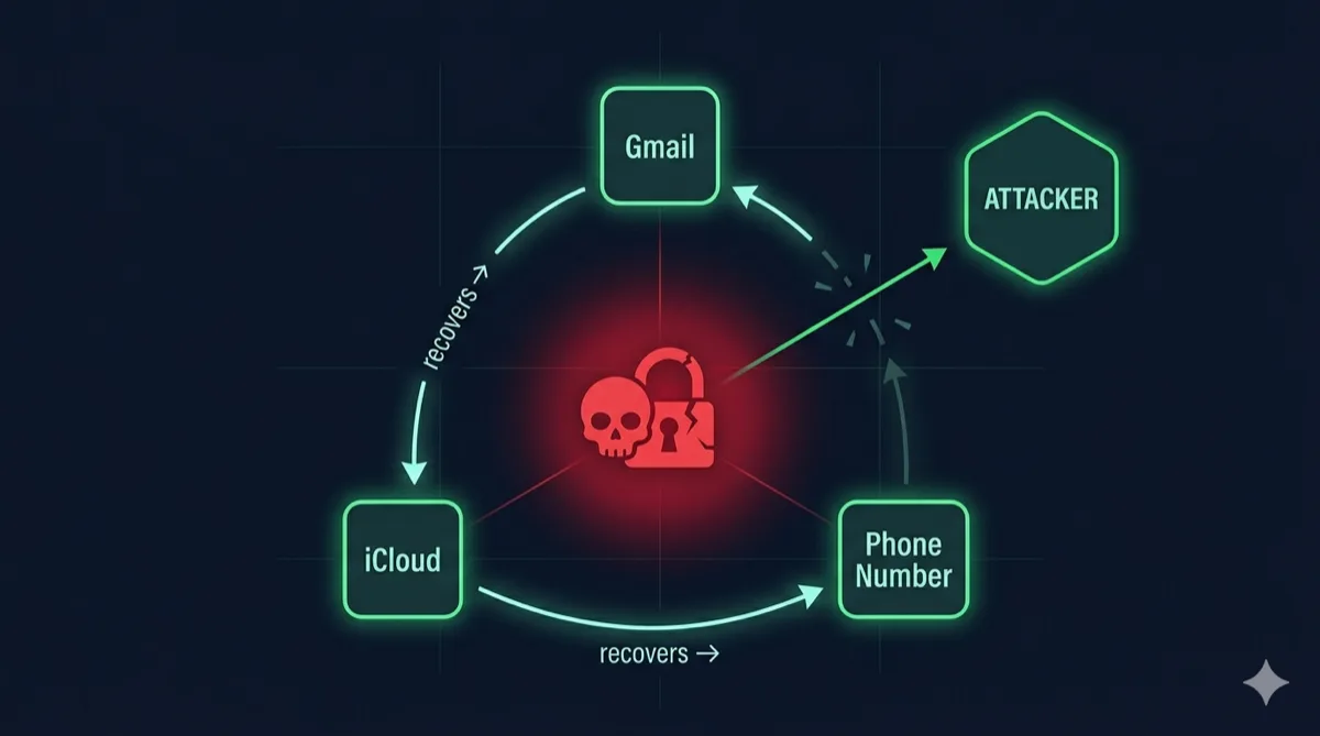 Circular recovery chain diagram — the death loop where accounts recover each other