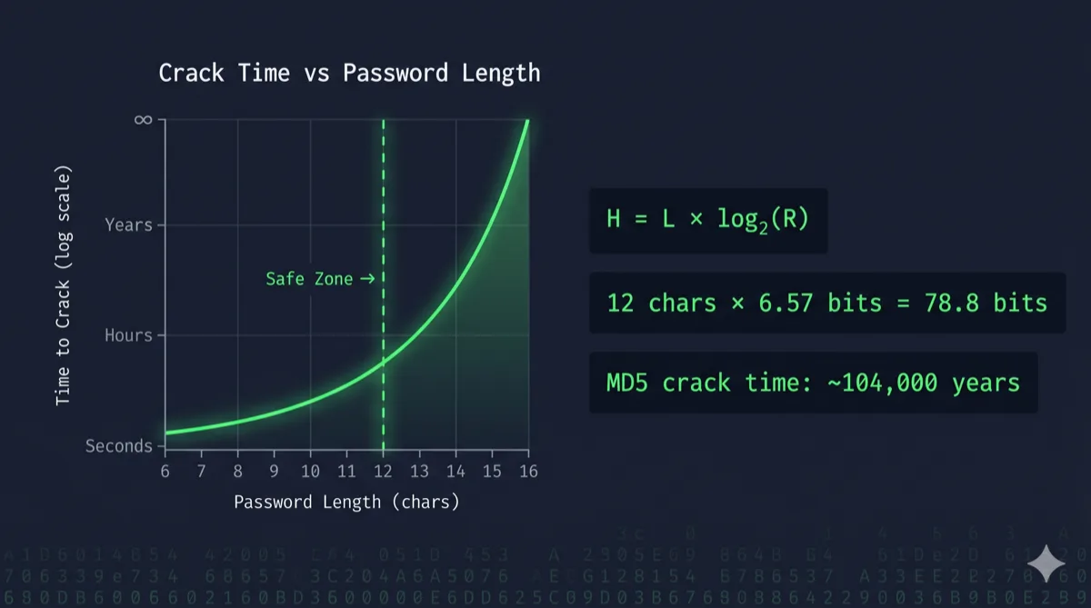 password entropy formula chart showing bits of entropy by length and charset — minimum threshold analysis