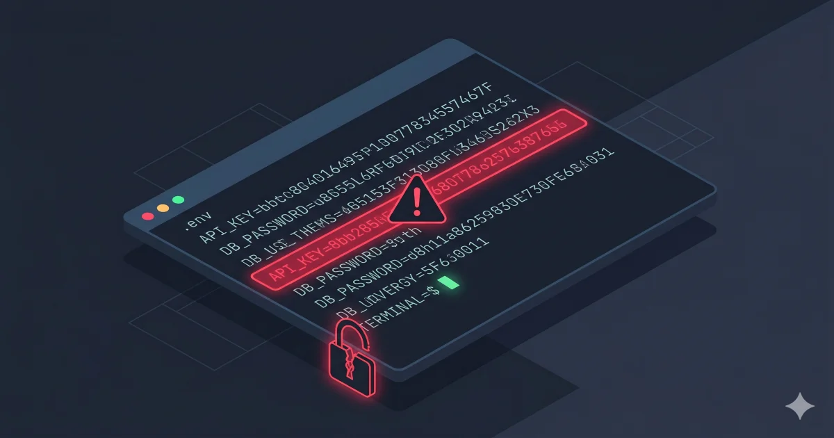 env file security — developer terminal with exposed API key highlighted in red warning overlay