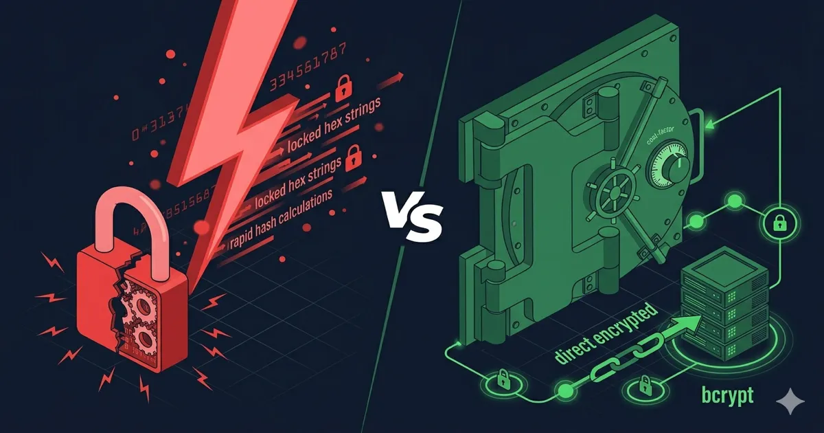 bcrypt vs md5 password hashing comparison — secure algorithm vs broken algorithm